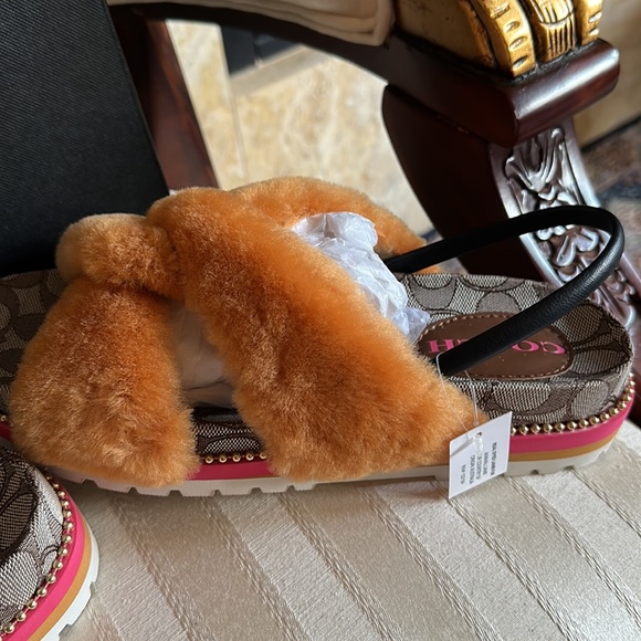 Coach Tally ladies Shearling padded sling back sandals in signature butterscotch - Picture 2 of 4